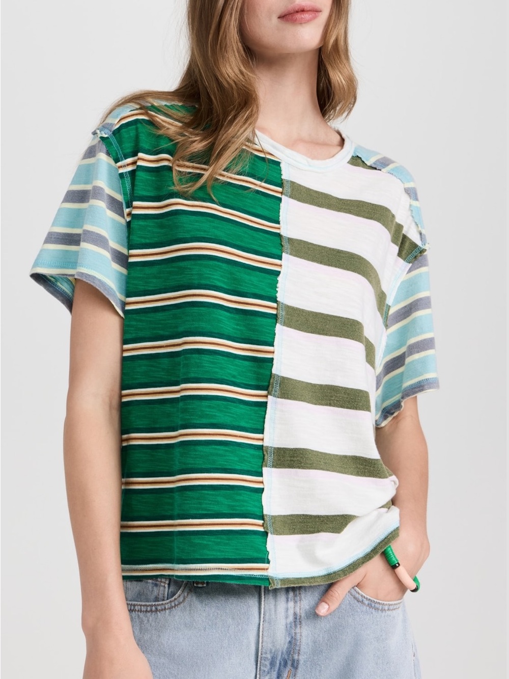 We The Free Free People Get Real Tee Green & White Striped Short Sleeve